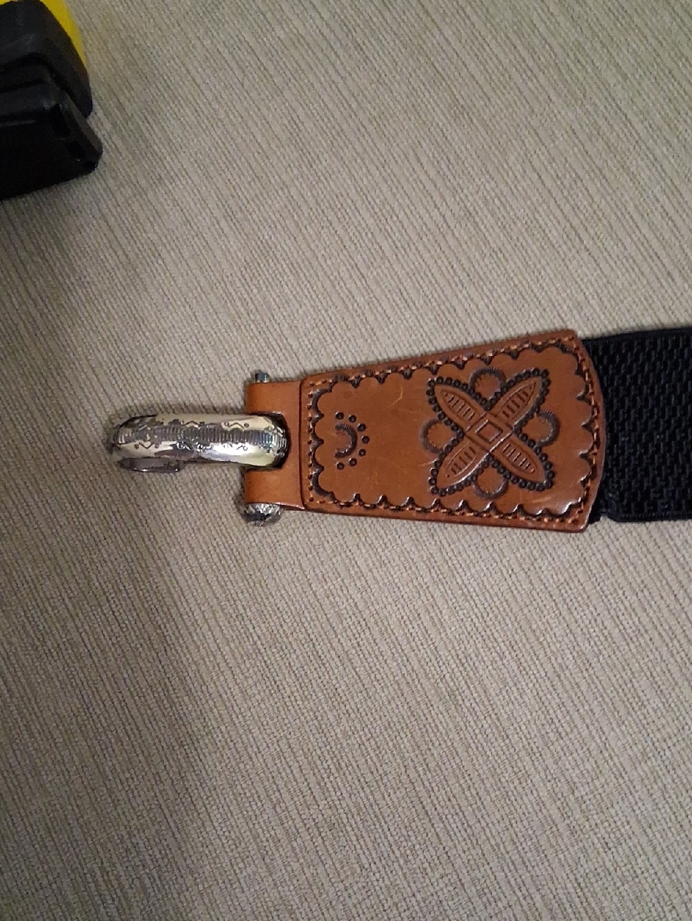 Brighton Black Webbed Belt with Brown Tooled Leather Tab and Silver Buckle
